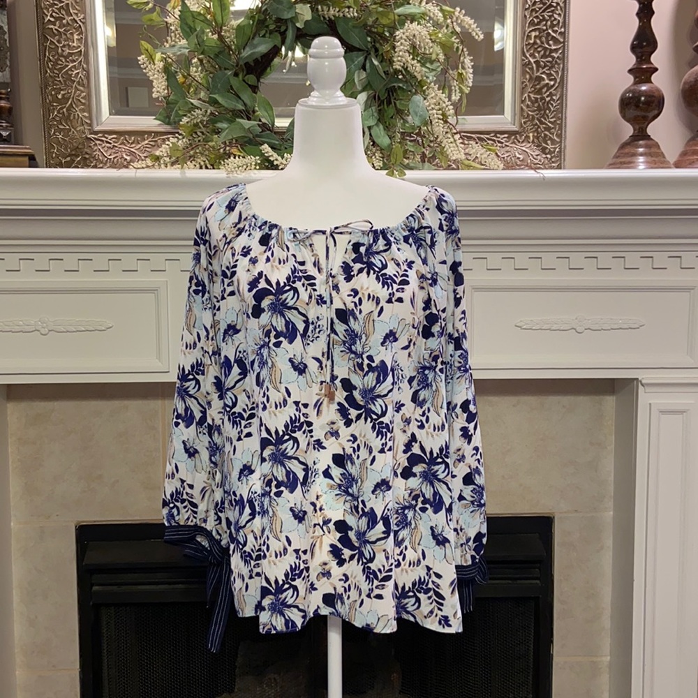 Ellen Tracy Floral Blouse with Tie Sleeves